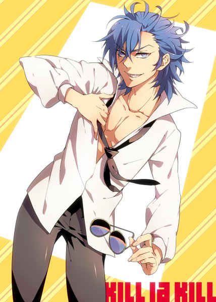 Anime picture 1000x1400 with kill la kill studio trigger mikisugi aikurou himekawa donki single tall image looking at viewer short hair blue eyes smile blue hair open clothes open shirt sunglasses removed boy shirt necktie white shirt sunglasses