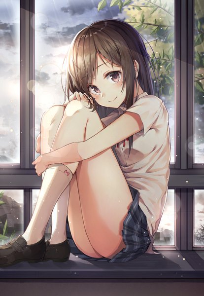 Anime picture 828x1200 with original huwari (dnwls3010) single long hair tall image looking at viewer blush light erotic smile brown hair sitting brown eyes sky cloud (clouds) full body short sleeves lens flare embryo's pose girl uniform