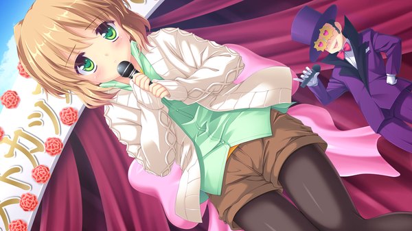 Anime picture 2560x1440 with melty moment amane natsuki looking at viewer blush highres short hair blonde hair wide image green eyes game cg girl boy pantyhose shorts sweater microphone