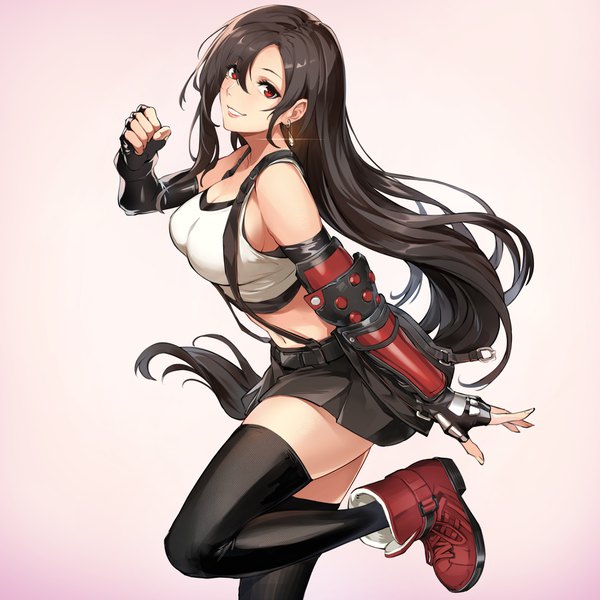 Anime picture 4000x4000 with final fantasy final fantasy vii final fantasy vii remake square enix tifa lockhart nr noir single long hair looking at viewer fringe highres breasts light erotic black hair simple background smile hair between eyes red eyes large breasts standing