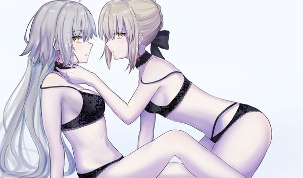 Anime picture 2048x1211 with fate (series) fate/grand order artoria pendragon (all) jeanne d'arc (fate) (all) jeanne d'arc alter (fate) saber alter sii artatm long hair looking at viewer fringe highres short hair breasts light erotic simple background hair between eyes wide image sitting multiple girls yellow eyes