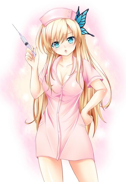 Anime picture 800x1150 with boku wa tomodachi ga sukunai kashiwazaki sena pasdar single long hair tall image looking at viewer blush open mouth blue eyes light erotic blonde hair nurse girl uniform hair ornament butterfly hair ornament nurse cap syringe