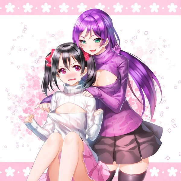Anime picture 1000x1000 with love live! school idol project sunrise (studio) love live! yazawa nico toujou nozomi aile (crossroads) long hair blush short hair breasts open mouth light erotic black hair red eyes large breasts sitting twintails multiple girls purple hair aqua eyes