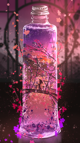 Anime picture 3296x5872 with original abisswalker8 single tall image highres standing holding absurdres cherry blossoms reflection scenic silhouette girl water leaf (leaves) umbrella branch bottle oriental umbrella bridge