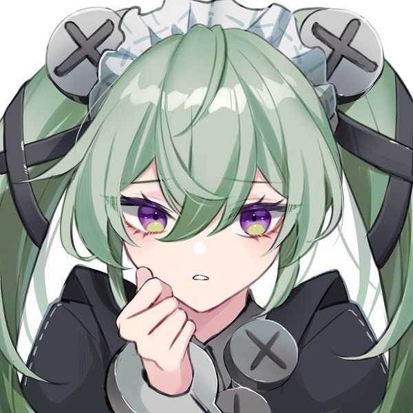 Anime picture 1024x1024 with zenless zone zero corin wickes nagano ayu single long hair fringe simple background hair between eyes white background purple eyes twintails upper body green hair girl headdress maid headdress