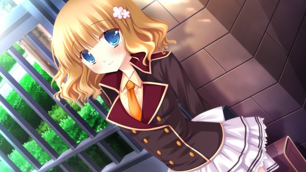 Anime picture 1920x1080 with hyper highspeed genius hazuki suina blush highres short hair blue eyes blonde hair wide image game cg girl serafuku