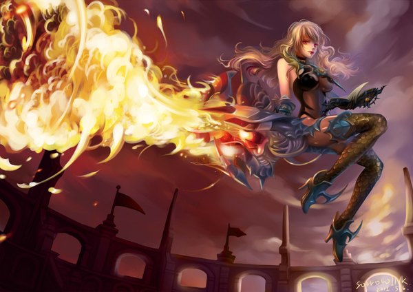 Anime picture 1900x1343 with dragon nest sorceress (dragon nest) sorrowink single long hair highres light erotic sitting signed sky cloud (clouds) nipples white hair pink eyes magic witch girl thighhighs gloves fire