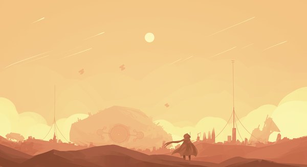 Anime picture 2200x1200 with star wars kunochai single highres wide image standing wind from behind yellow background androgynous ambiguous gender desert cloak sun