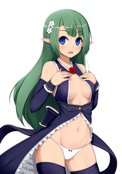 Anime picture 1020x1447 with original alfort (may0508) single long hair tall image blush breasts open mouth blue eyes light erotic simple background white background green hair pointy ears groin girl thighhighs navel underwear panties