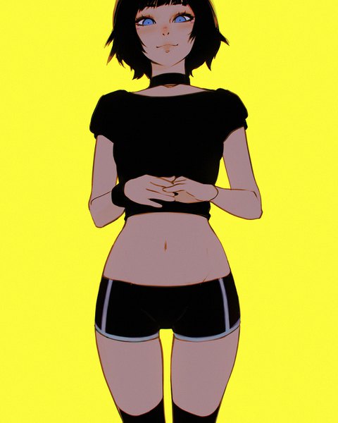 Anime picture 1080x1350 with original ilya kuvshinov single tall image looking at viewer short hair blue eyes black hair simple background smile standing midriff thigh gap yellow background girl thighhighs navel black thighhighs choker shorts