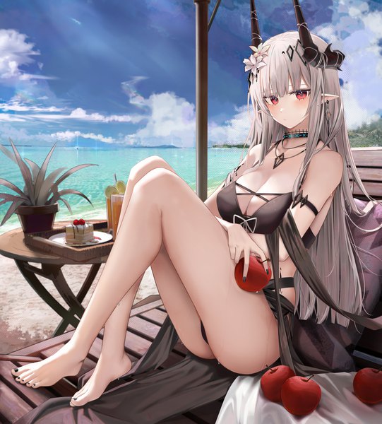 Anime picture 4728x5240 with arknights mudrock (arknights) mudrock (silent night) (arknights) ru zhai single long hair tall image blush fringe highres breasts light erotic red eyes large breasts sitting holding absurdres sky cloud (clouds) full body