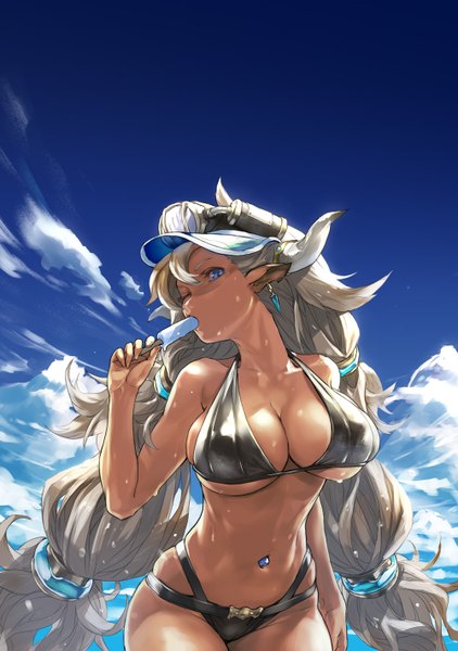Anime picture 1000x1422 with granblue fantasy almeida (granblue fantasy) redjuice single long hair tall image fringe breasts blue eyes light erotic blonde hair hair between eyes large breasts twintails bare shoulders holding looking away sky cloud (clouds) one eye closed