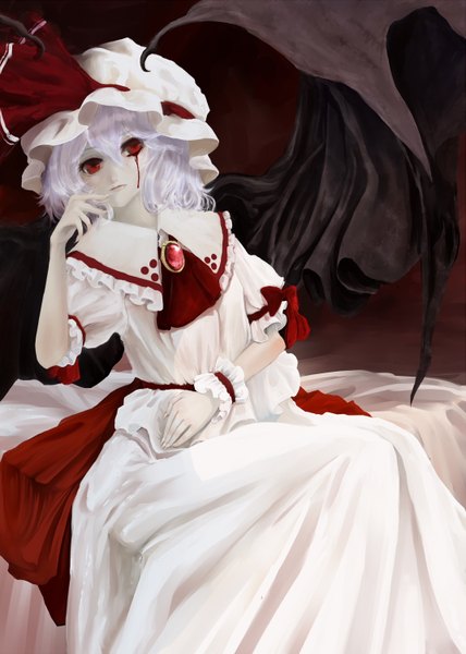 Anime picture 1071x1500 with touhou remilia scarlet naruza (artist) single tall image short hair blonde hair red eyes sitting black wings crying girl dress wings blood teardrop