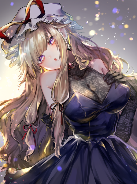 Anime picture 2000x2676 with touhou yakumo yukari suzune hapinesu single long hair tall image looking at viewer blush fringe highres breasts open mouth light erotic blonde hair large breasts purple eyes bare shoulders payot upper body blunt bangs