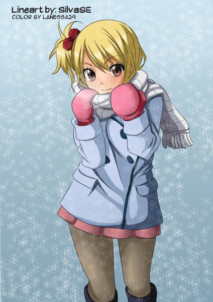 Anime picture 1000x1414 with fairy tail lucy heartfilia lanessa29 single tall image short hair blonde hair smile brown eyes one side up coloring girl pantyhose scarf thigh boots snowflake (snowflakes) winter clothes mittens