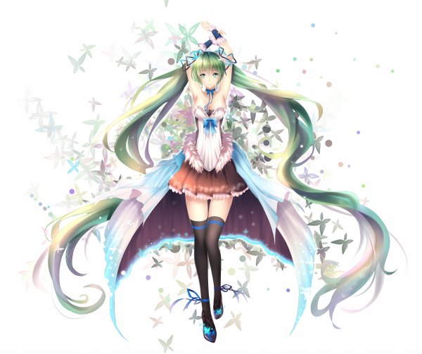 Anime picture 2400x2015 with vocaloid hatsune miku yeluno meng single highres white background twintails very long hair aqua eyes aqua hair girl thighhighs dress flower (flowers) black thighhighs