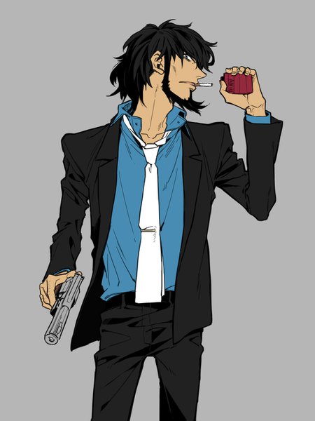 Anime picture 1050x1400 with lupin iii jigen daisuke hoyano single tall image looking at viewer short hair black hair simple background profile grey background open collar formal boy weapon necktie gun cigarette beard revolver