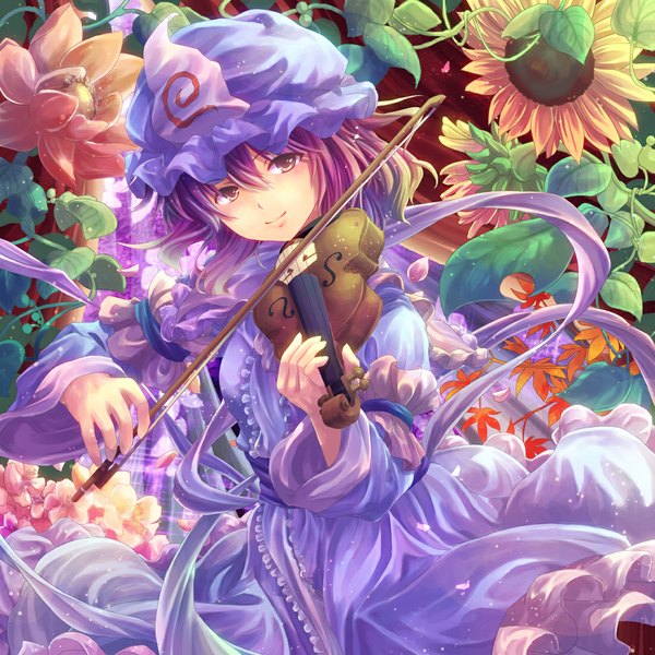 Anime picture 1100x1100 with touhou saigyouji yuyuko niichi (komorebi-palette) single short hair brown eyes purple hair girl dress flower (flowers) bonnet violin bow (instrument)