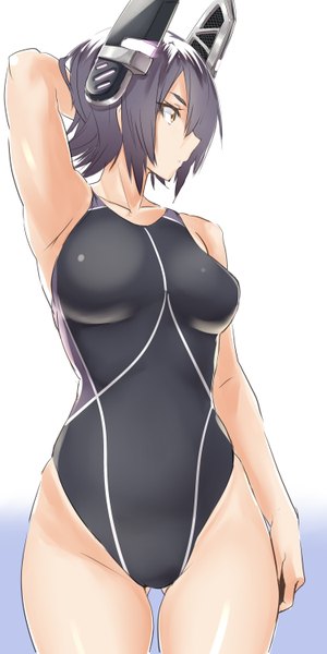 Anime picture 1500x3000 with kantai collection tenryuu light cruiser wamwam single tall image fringe short hair breasts light erotic simple background white background yellow eyes looking away purple hair hair over one eye arm behind head girl swimsuit headdress one-piece swimsuit