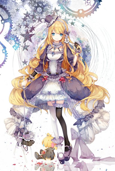 Anime picture 631x935 with vocaloid kagamine rin kagamine len kinokohime single long hair tall image looking at viewer blush fringe blue eyes blonde hair light smile alternate costume zettai ryouiki puffy sleeves wavy hair alternate hairstyle alternate hair length different thighhighs