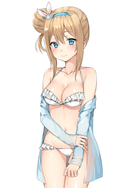 Anime picture 1000x1429 with girls frontline suomi kp31 (girls frontline) canape single long hair tall image looking at viewer blush fringe breasts blue eyes light erotic blonde hair simple background hair between eyes large breasts standing white background bare shoulders payot