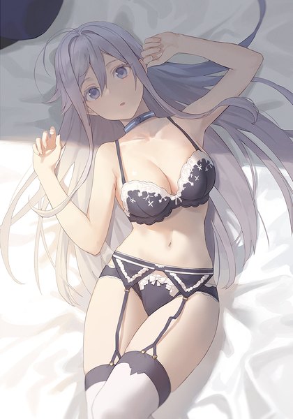 Anime picture 841x1200 with 86 -eightysix- vladilena millize seon (seonon ) single long hair tall image looking at viewer fringe breasts open mouth light erotic hair between eyes large breasts payot cleavage silver hair ahoge bent knee (knees) indoors lying