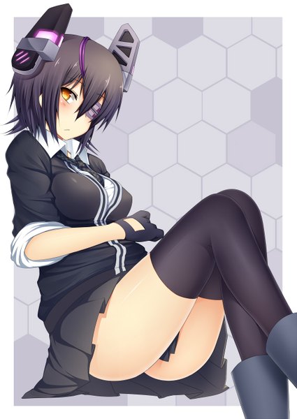 Anime picture 992x1402 with kantai collection tenryuu light cruiser suteba (grzjkbhgf) single tall image blush short hair light erotic black hair sitting yellow eyes girl thighhighs gloves hair ornament black thighhighs eyepatch