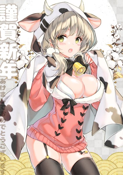 Anime picture 1768x2500 with original juna single long hair tall image looking at viewer blush highres breasts open mouth light erotic blonde hair large breasts green eyes :o new year bell collar happy new year nengajou seigaiha