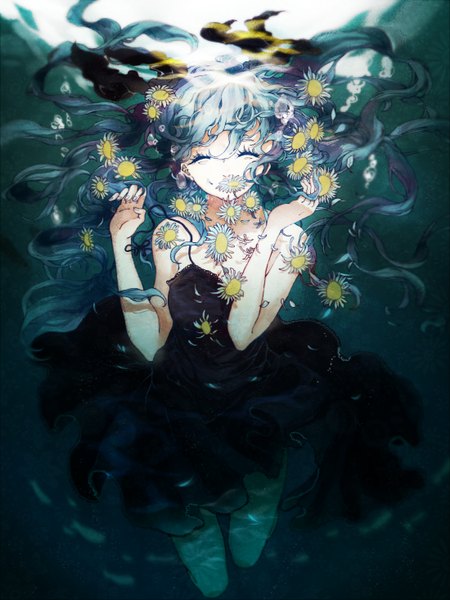 Anime picture 2200x2932 with vocaloid shinkai shoujo (vocaloid) hatsune miku dizi930 single tall image highres blue hair eyes closed very long hair wavy hair underwater girl dress flower (flowers) bow hair bow petals sundress bubble (bubbles)