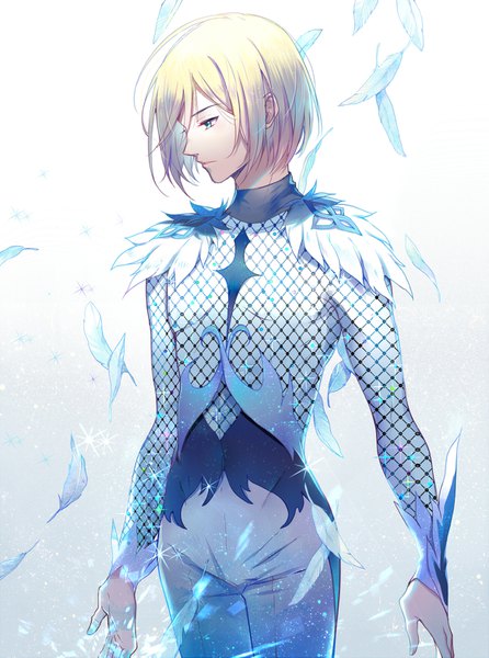 Anime picture 1169x1573 with yuri!!! on ice mappa yuri plisetsky ekita xuan single tall image short hair blue eyes blonde hair standing looking away profile sparkle gradient background boy feather (feathers)