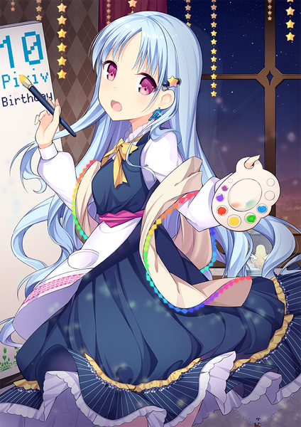 Anime picture 707x1000 with original pixiv pixiv-tan amemiya ruki single long hair tall image looking at viewer open mouth purple eyes holding blue hair indoors turning head girl dress hair ornament earrings window star (symbol)