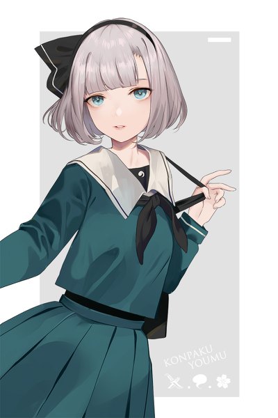 Anime picture 800x1200 with touhou konpaku youmu hillly (maiwetea) single tall image fringe short hair blue eyes silver hair blunt bangs grey background alternate costume character names girl skirt uniform bow hair bow serafuku skirt set