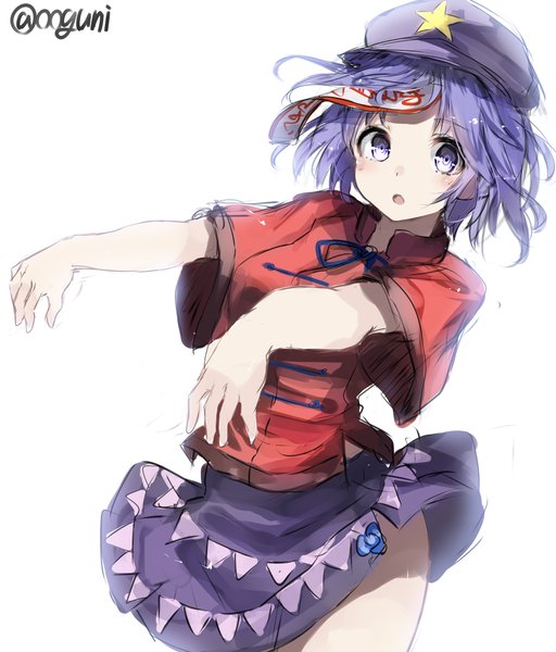 Anime picture 1000x1171 with touhou miyako yoshika wowoguni single tall image looking at viewer blush short hair open mouth simple background white background purple eyes signed purple hair outstretched arm skirt lift star print zombie zombie pose girl