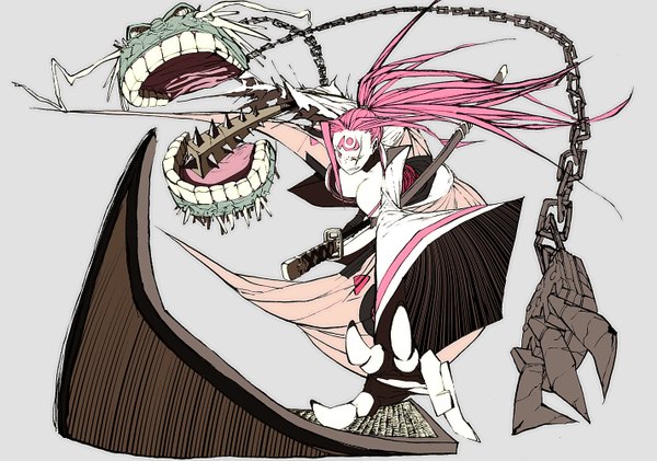 Anime picture 1425x1000 with guilty gear tri (pixiv) breasts light erotic large breasts pink hair ponytail pink eyes tattoo scar girl sword katana chain monster baseball bat
