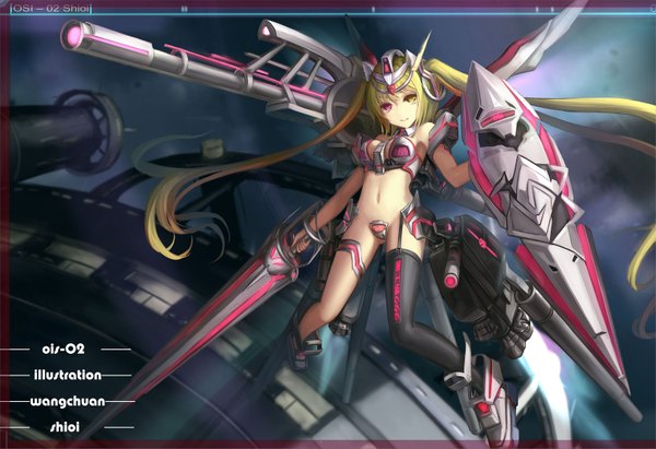 Anime picture 1634x1121 with mobile suit gundam sunrise (studio) wangchuan de quanyan single looking at viewer light erotic blonde hair twintails very long hair heterochromia mechanical girl thighhighs navel weapon garter straps single thighhigh spear shield gundam sentinel