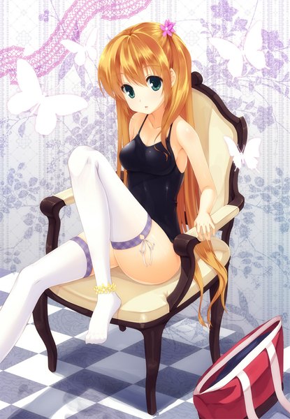 Anime picture 800x1156 with original senji (tegone spike) single long hair tall image looking at viewer blue eyes light erotic blonde hair legs girl thighhighs swimsuit white thighhighs bag armchair