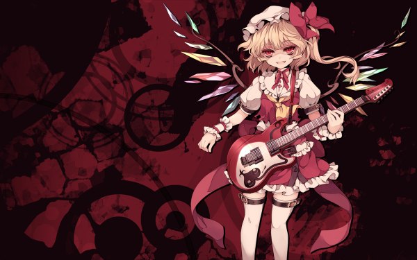 Anime picture 1200x750 with touhou flandre scarlet single short hair blonde hair red eyes wide image wallpaper one side up red background girl thighhighs white thighhighs wings wrist cuffs bonnet musical instrument guitar