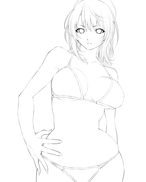 Anime picture 2800x3500 with kantai collection takao heavy cruiser mattari yufi (artist) single tall image looking at viewer blush highres short hair breasts light erotic simple background large breasts white background bare shoulders cleavage bare belly hand on hip monochrome serious