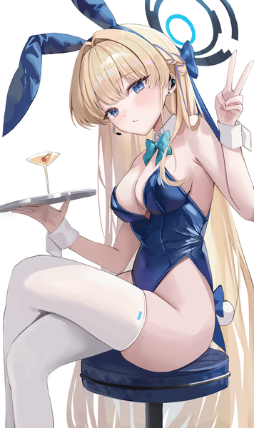 Anime picture 2906x4895 with blue archive toki (blue archive) toki (bunny) (blue archive) riyonn single long hair tall image looking at viewer blush fringe highres breasts blue eyes light erotic blonde hair large breasts sitting bare shoulders holding animal ears