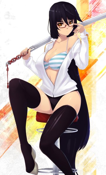 Anime picture 2046x3385 with original hell machina (1009056) single long hair tall image looking at viewer highres light erotic black hair brown eyes girl thighhighs underwear panties weapon black thighhighs sword glasses