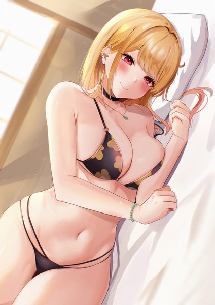 Anime picture 4960x7016 with sono bisque doll wa koi wo suru cloverworks kitagawa marin ajirou single long hair tall image blush fringe highres breasts light erotic blonde hair smile red eyes large breasts looking away absurdres indoors lying