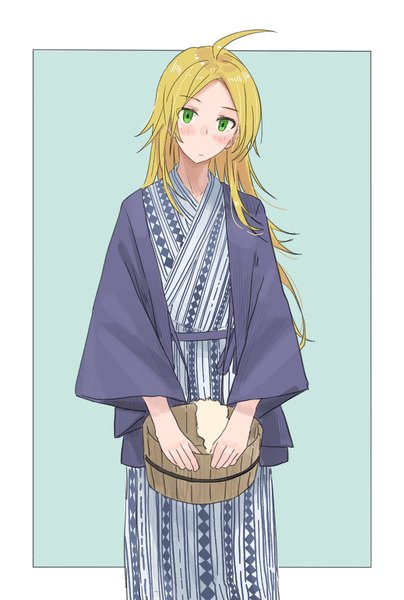 Anime picture 1557x2314 with idolmaster idolmaster million live! idolmaster million live! theater days hoshii miki epitaph (1122) single long hair tall image looking at viewer blush simple background blonde hair standing holding green eyes ahoge long sleeves traditional clothes head tilt japanese clothes
