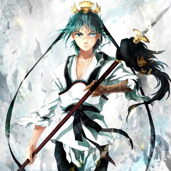 Anime picture 1650x1650 with magi the labyrinth of magic a-1 pictures ren hakuryuu suzuneko-rin single looking at viewer short hair blue eyes mole scar mole under mouth dark hair boy hair ornament ribbon (ribbons) weapon hair ribbon spear prosthesis
