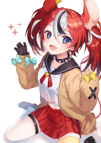 Anime picture 2480x3508 with virtual youtuber hololive hololive english hakos baelz dabi (dabibubi) single long hair tall image looking at viewer highres open mouth blue eyes simple background white background sitting twintails animal ears red hair tail :d
