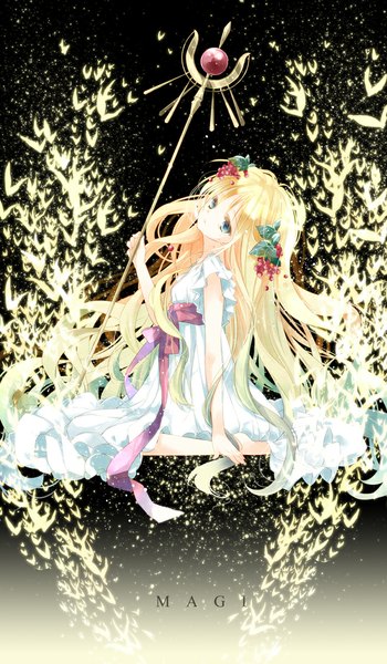 Anime picture 602x1032 with magi the labyrinth of magic a-1 pictures scheherazade (magi) konataeru single tall image fringe blonde hair sitting looking away very long hair barefoot tears girl dress hair ornament white dress staff rukh (magi)