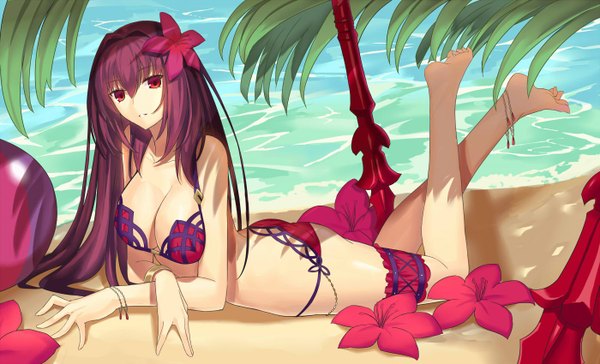 Anime picture 1400x850 with fate (series) fate/grand order scathach (fate) (all) scathach (swimsuit assassin) (fate) kauto single long hair looking at viewer fringe breasts light erotic hair between eyes red eyes wide image purple hair bent knee (knees) hair flower sunlight beach crossed legs