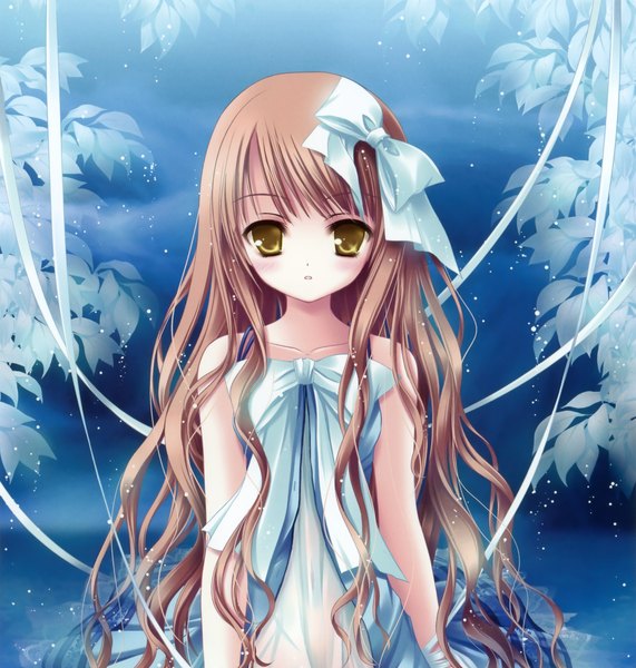 Anime picture 2245x2358 with original tinker bell long hair tall image blush highres open mouth brown hair bare shoulders yellow eyes loli girl dress bow ribbon (ribbons) hair bow hair ribbon leaf (leaves) sundress