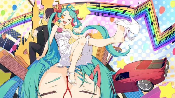 Anime-Bild 2133x1200 mit vocaloid hatsune miku shouin long hair looking at viewer highres open mouth wide image twintails ahoge very long hair nail polish one eye closed aqua hair orange eyes high heels wallpaper sleeveless ;d back to back