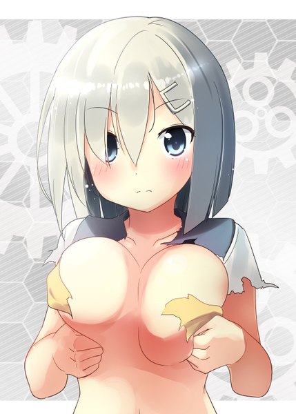 Anime picture 4441x6213 with kantai collection hamakaze destroyer bell (satappe) single tall image looking at viewer blush highres short hair breasts blue eyes light erotic large breasts absurdres silver hair torn clothes breast grab girl hair ornament sailor suit
