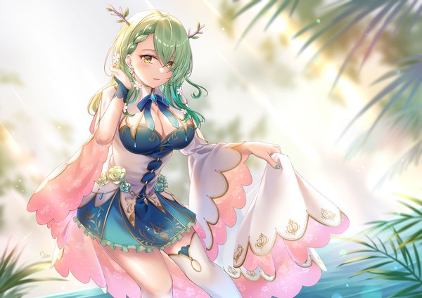 Anime picture 1800x1273 with virtual youtuber hololive hololive english ceres fauna ceres fauna (1st costume) sebu illust single long hair blush fringe highres breasts light erotic hair between eyes large breasts yellow eyes cleavage outdoors nail polish horn (horns)